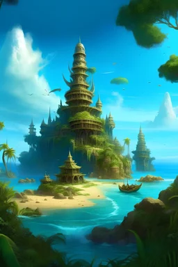A D&D mysterious jungle island with main street leading to ruins of monumental buildings, coral architecture, magical domes holding seawater, symbiotic arcitecture with jungle and ocean, spiral tower reminiscent of seashells, clear blue sky, ominous crumbling human settlement on the side