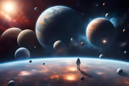 a universescape in outerspace with a vast array of stars and planets in the background. an astronaught floating through space in orbit of a large earth like planet. diverse range of colours and particles. HD