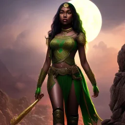 fantasy setting, dark-skinned woman, indian, green hair