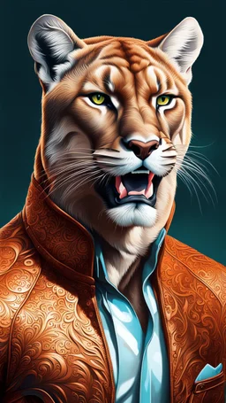 Cougar man art illustration stylized complementary colors quality ultra hyper detailed hyper realistic 12k