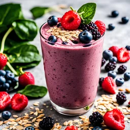 a protein shake cocktail made out of spinach, berries, a bit of oats, chia seeds, protein powder in a tall glass with berries on top