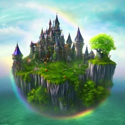 Realm of witches, strange trees, rainbow witchy castle on horizon, water made of glass, septagram