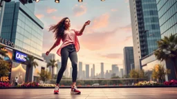 beautiful lady with makeup in pants and pretty shirt curvy long hair sport shoes dancing in a open stage in a modern city cnter,modern city escape at dintant ,flowers and trees ,pretty clouds