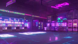 A dark photo of the corners of an 80's aesthetics arcade at night, with a lot of functioning arcade machines, a vaporwave floor and some colorful tiles in between the floor. Purple aesthetics.