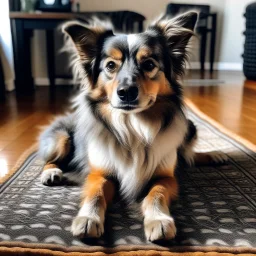 A dog sitting on a mat, looking at the camera