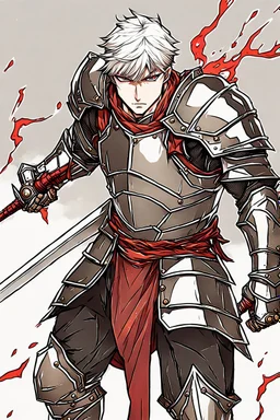 Armored Male Knight by manhwa or korean webtoon style there are lightning and blood spurts around the man his face pointed at the camera and with a serious look he lets his opponent know that it's his turn