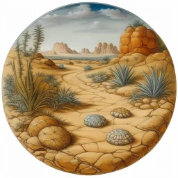 A tan desert with a rocky road designed in African pottery painted by Albrecht Durer