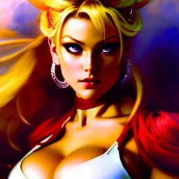 Drawing of beautiful face,busty Cammy-Street fighter,intense stare,Minimal ancient armor, balanciaga fashion clothe painting by gaston bussiere, greg rutkowski, yoji shinkawa, yoshitaka amano, tsutomu nihei, donato giancola, tim hildebrandt, oil on canvas, cinematic composition, extreme detail,fit full head inside picture,16k