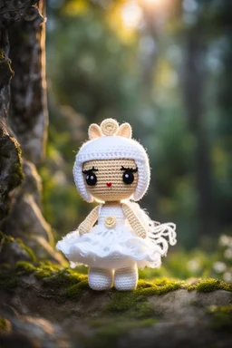 Adventure Amigurumi style, solo, looking at me, standing, full body, barby in bride dress,blurry, big beautiful chibi-style eyes, blurry background, Best quality, masterpiece,bride Art in the style of [Sack Boy | Gene Bilbrew | chibi-style | Amigurumi | Jeff Gord | Temmie | Ransom & Mitchell], unique sculptures, surreal and abstract forms through human forms, illustrative techniques and themes, prominent in magazines during the mid-20th century, detailed ink work, by Satori Canton🧸