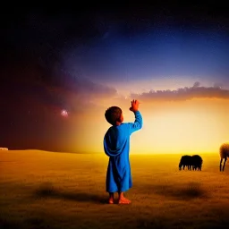 shepherd boy looking up, bright start in night sky, mideast pastures, flock of sheep