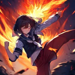 Clear focus,High resolution, Girl wearing a sailor uniform, Kicking pose, fire around her, straight face, Windy, Hair is flowing, Clothes is flowing with the wind