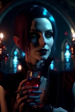 4k full details full lights femme vampire, sang coule le long des canines, style victorien cyberpunk, tient un verre de vin en main avec du sang