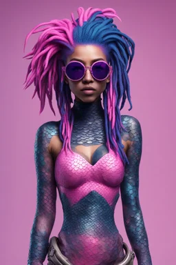 entire body mermaid cyberpunk some fish scales on face pink and indigo hair dreadlock sunglasses