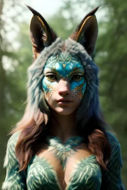 Human Druid character, physically fit, lynx ears, nature, far, sidhe, facepaint, waist up portrait, intricate, oil on canvas, masterpiece, expert, insanely detailed, 8k resolution, retroanime style, cute big circular reflective eyes, cinematic smooth, intricate detail , soft smooth lighting, soft pastel colors, painted Renaissance style