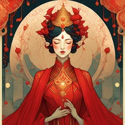 Bordered digital illustration of a An empress, draped in red silk by Victo Ngai. Art Deco, Tarot card, Hanafuda. High quality, masterpiece. Dungeons and Dragons.