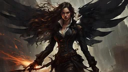 women, beautiful, steampunk, dusty brunette, long square, large steampunk black wings, sword, steam, dynamic pose, rain, wind, ashes, flashes of fiery threads, sketch art, fine lines, grunge, sensual, darkness, dark colors, by Raymond Swanland & Alyssa Monks & Anna Razumovskaya