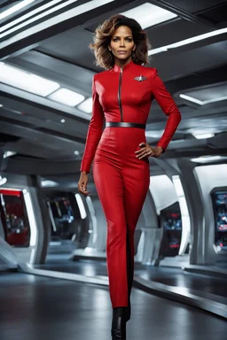 In this surreal vision, Halle Berry stands tall on the iconic bridge of the USS Enterprise. Adorned in a striking Star Trek Original Series red uniform, she embodies the essence of command and adventure. Her shortish hair adds a touch of modernity to the classic ensemble, a symbol of her strength and individuality. Ample bosoms, a reminder of her femininity, are embraced by the uniform, a testament to the diverse and empowering representation within the Star Trek universe. Her black boots, firml