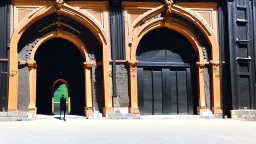 black king stands in front of huge door in mountain