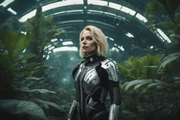 Wide angle photo of a sci-fi slim woman with blond hair, silver and black futuristic spacesuit looking android-like, standing on a derelict alien jungle planet with cloud trees in multiple green hues