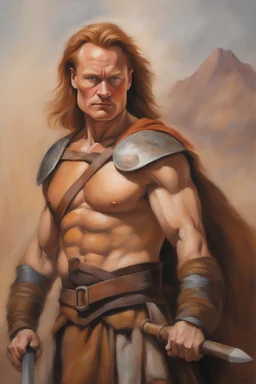 full color facial Portrait of action hero Conan O'brien the Barbarian - oil painting by Scott Kendall