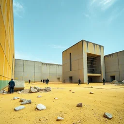 Photograph, wasteland, brutalist concrete architecture, yellow, green, people, truth, all'aria aperta, rocce, cage, sky, brutalist, liquid, polvere, red spot, open air museum style, blue wire, apparecchi elettronici, powder, minimalist, details of the dust very accentuated, deep 3d field, hasselblad h6d400c --ar 85:128 --v 6.0