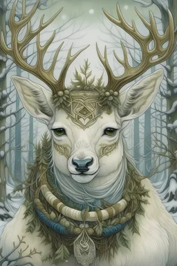 photorealistic Cute fantasy white Christmas fawn wearing a wreath around neck; big pine trees all around; in the style of Rebecca Guay