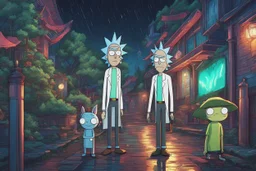 Rick and morty in 8k cartoon artstyle, Uchiha Custom, neon effect, close picture, rain, fantasy world, intricate details, highly detailed, high details, detailed portrait, masterpiece,ultra detailed, ultra quality