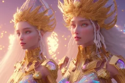 very beautiful cosmic crystal and gold goddess in a galactic ambiance, transparent petals, delicate colors, full of details, smooth, bright sunshine，soft light atmosphere, light effect，vaporwave colorful, concept art, smooth, extremely sharp detail, finely tuned detail, ultra high definition, 8 k, unreal engine 5, ultra sharp focus