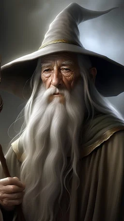 Portrait of Gandalf the Grey: A wizard who is the possessor of one of the three Elven rings, Narya, and a member of the Istari order. He is described as having a long grey beard, a pointed hat, a grey cloak, and a staff