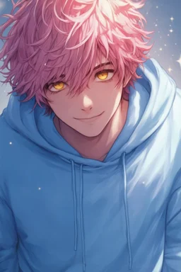 An androgynous young man with tousled pink hair and golden eyes floating among the stars wearing a light blue hoodie and black board shorts. He is smiling softly and holding a star in one hand.
