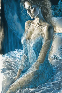 A beautiful woman in lace night gown in a luxury bed in a luxury bedroom, pastel blue watercolour and black ink, shiny gold metallic pieces outlining highly detailed digital painting elegant intricate very attractive award winning fantastic view crisp quality in candlelight