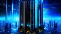 Visualize a futuristic CPU cooler towering over a cybernetic landscape, emitting an ethereal glow amidst the digital cityscape