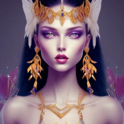 a princess with a lot of jewellery, beautiful long black hair, gold lipstick, blue eyes,with feather dramatic, dramatic lighting, pixar style, volumetric lighting, hyperrealism, 8k, high quality, photorealistic, lot of details