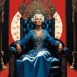 the Slavic goddess granny old Zorya Polunochnaya (Midnight): illustration by Norman Rockwell and Helmut Newton for American Gods (2021), she sits in her iconic throne in the slavic realm