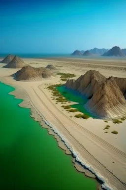 generate a beautiful image of Kund Malir Balochistan, showing the beach, road and dry mountain