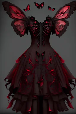 dress design dark red, skulls and butterflies, fairy wings,