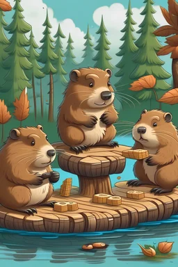 three beavers sit on tree stumps and play cards on acorns