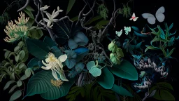 Floral composition of Jade Vine, ghost orchid, Lotus, Camellia japonica, Banksia, Dicentra Formosa, assorted leaves, and butterflies on a deep dark background