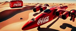 Coca-Cola Branded Military Drone, middle east Desert, cinematic, Fuji Film, Anamorphic lens, 2040s, deep depth of field, in a Cyber punk WW3 film