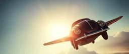 a high definition screen shot of a jet-fighter vw-beetle, retrofuturistic, phototrealism, in flight, one subject,