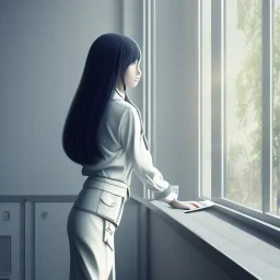 Anime, female student studying under window, studying lesson, perfect face, cool face, ultra detail, unreal engine 5, cinema4d, sun light, studio lighting --ar 1:1 --v 4