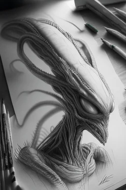 Alien drawing on paper ,highly detailed, artstation, sharp focus,4k