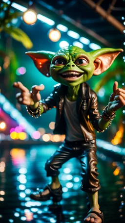 selfie by pimp rocker alien giant gremlin on bridge over water slide dancing in dark lit reflective wet jungle hall tunnel,bokeh like f/0.8, tilt-shift lens 8k, high detail, smooth render, down-light, unreal engine, prize winning