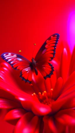 A picture of a red butterfly on a red red flower in a. plastic painting with ted background colors that express joy 8k