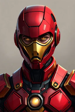 Create a portrait of a man wearing robotic armor that fits him tightly. The suit will be made of separate connecting armor pieces. The colors will be red and gold. He will also be wearing a robotic helmet that is shaped like his head. The helmet will have a mask covering his face. The mask will have eye shapes and a mouth shape like a robot. His eyes will be covered by gold metal pieces. He will have a circular light on his chest. The helmet will be slightly square shaped.