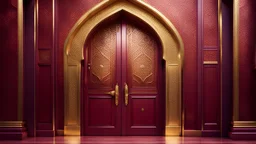Hyper Realistic Photographic-View Of A Fancy Door Of A Maroon-Mosque-Door-with-beautifully-detailed-glowing-golden-Islamic-Architctural-design showing dramatic & cinematic ambiance.