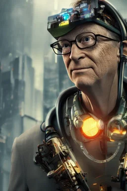 A portrait of post-apocalypse cyborg BILL GATES in a cyberpunk city, sci-fi fantasy style, volumetric lighting,highly detailed,cinamatic,gold colours,8k, 3D octane render, lisa parker, dark, 8k.