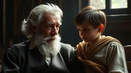 Grandfather and grandson, exquisite composition, beautiful detailed intricate insanely detailed octane render trending on artstation, 8k artistic photography, photorealistic concept art, soft natural volumetric cinematic perfect light, chiaroscuro, award-winning photograph, masterpiece, raphael, caravaggio, Alma Tadema, Bouguereau