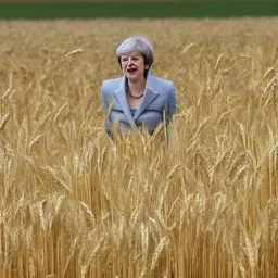 theresa may as a robot, running through fields of wheat, sunshine, daytime