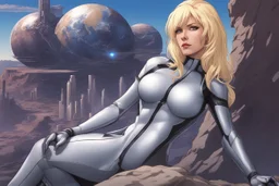 woman in an android-looking catsuit, with shoulder-length blond hair, sitting on a rock, sideways, with a planet behind her, a futuristic city on the horizon